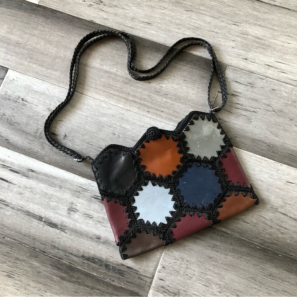 Vintage 1990s Y2K Woven Patchwork Faux Leather Crossbody Shoulder Bag